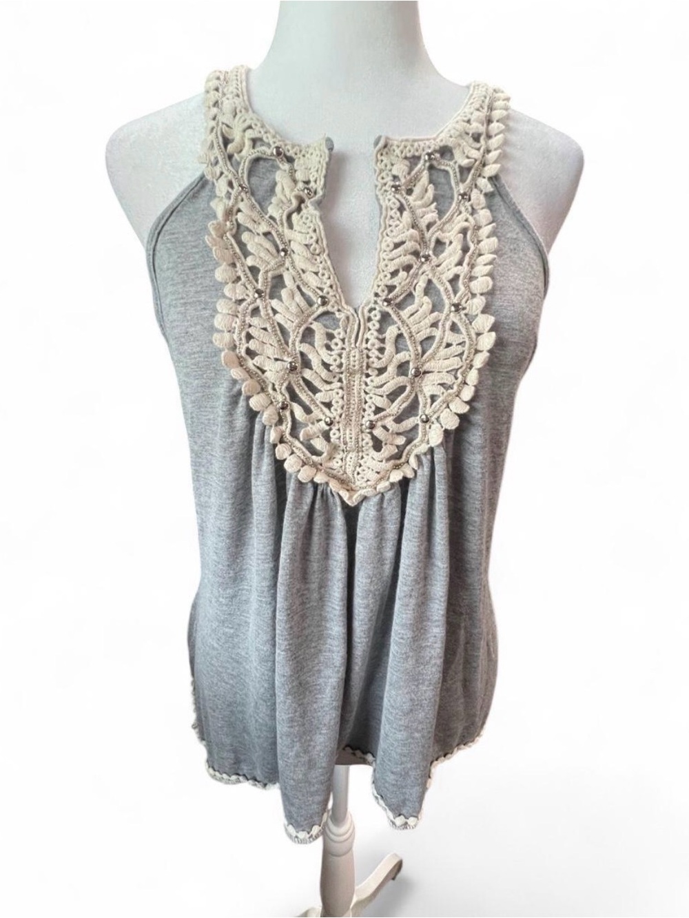 Women’s Gray Tank Top with Cream Crochet Trim